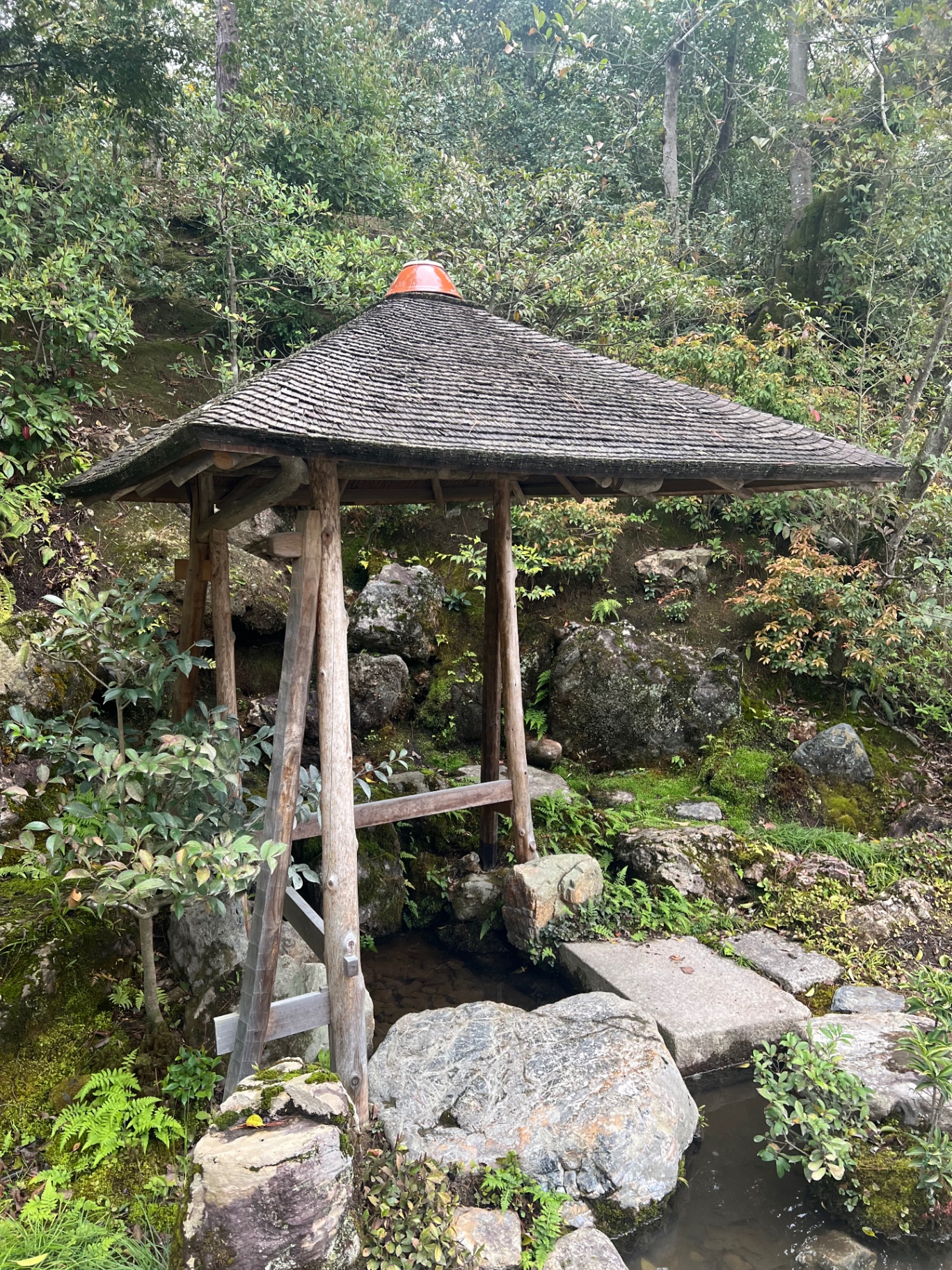 Kleiner Holzpavillon mit Schindeldach über einem Quellbecken im japanischen Garten